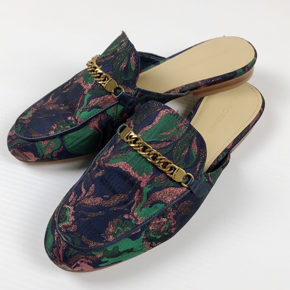 Womens Tapestry Gold Chain Mules Slide On Loafers
